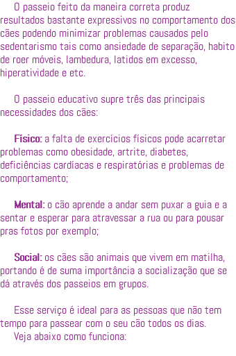 O passeio feito da maneira correta produz resultados bastante expressivos no comportamento dos cães podendo minimizar problemas causados pelo sedentarismo tais como ansiedade de separação, habito de roer móveis, lambedura, latidos em excesso, hiperatividade e etc. O passeio educativo supre três das principais necessidades dos cães: Físico: a falta de exercícios físicos pode acarretar problemas como obesidade, artrite, diabetes, deficiências cardíacas e respiratórias e problemas de comportamento; Mental: o cão aprende a andar sem puxar a guia e a sentar e esperar para atravessar a rua ou para pousar pras fotos por exemplo; Social: os cães são animais que vivem em matilha, portando é de suma importância a socialização que se dá através dos passeios em grupos. Esse serviço é ideal para as pessoas que não tem tempo para passear com o seu cão todos os dias. Veja abaixo como funciona: 