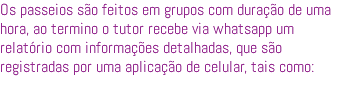 Os passeios são feitos em grupos com duração de uma hora, ao termino o tutor recebe via whatsapp um relatório com informações detalhadas, que são registradas por uma aplicação de celular, tais como: